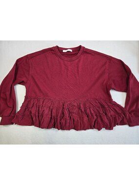 Altard State Ruffle Hem Burgundy Long Sleeve Womens Sweatshirt Size L